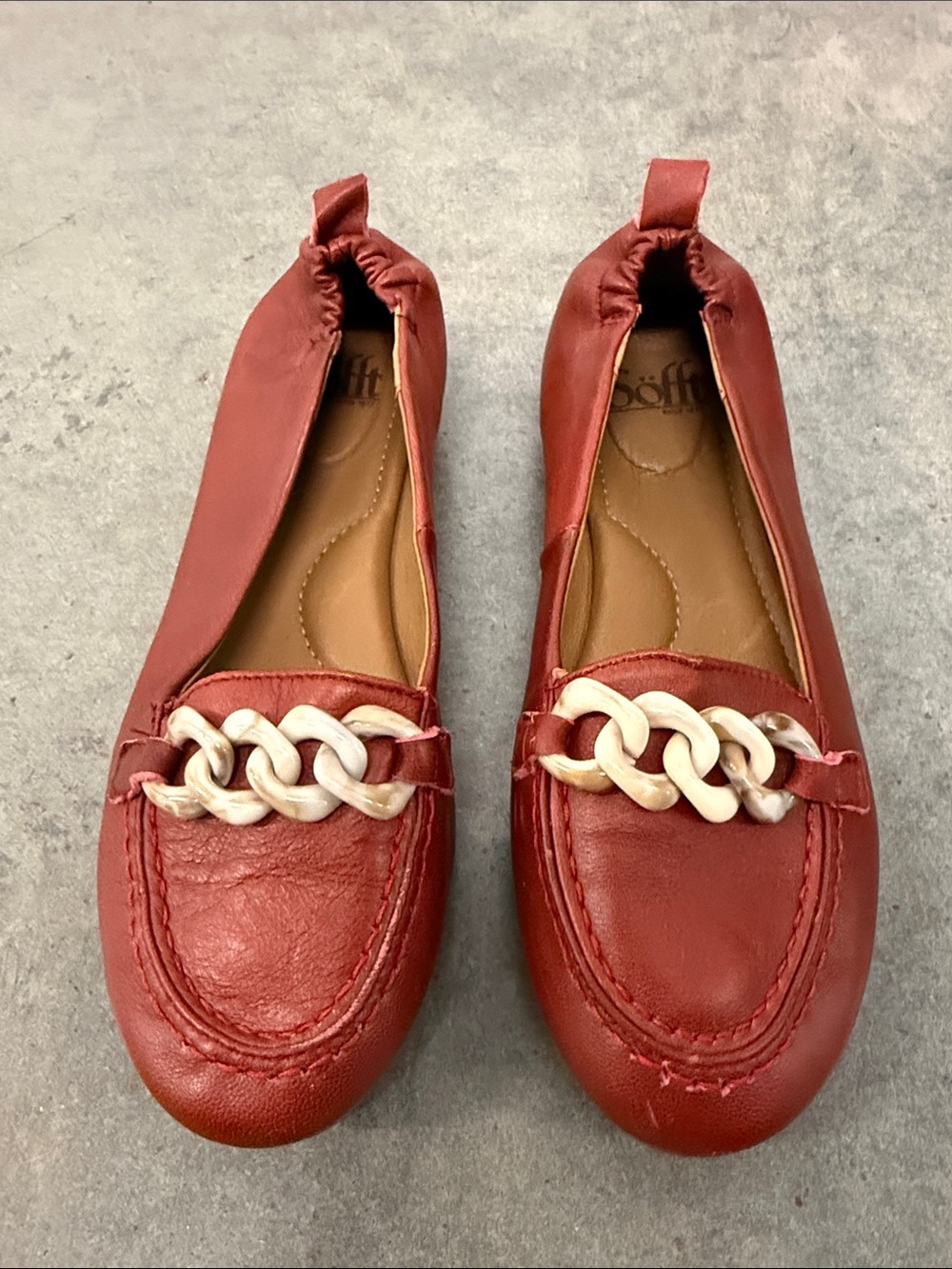 Sofft Red Leather Chain-Trim Loafers